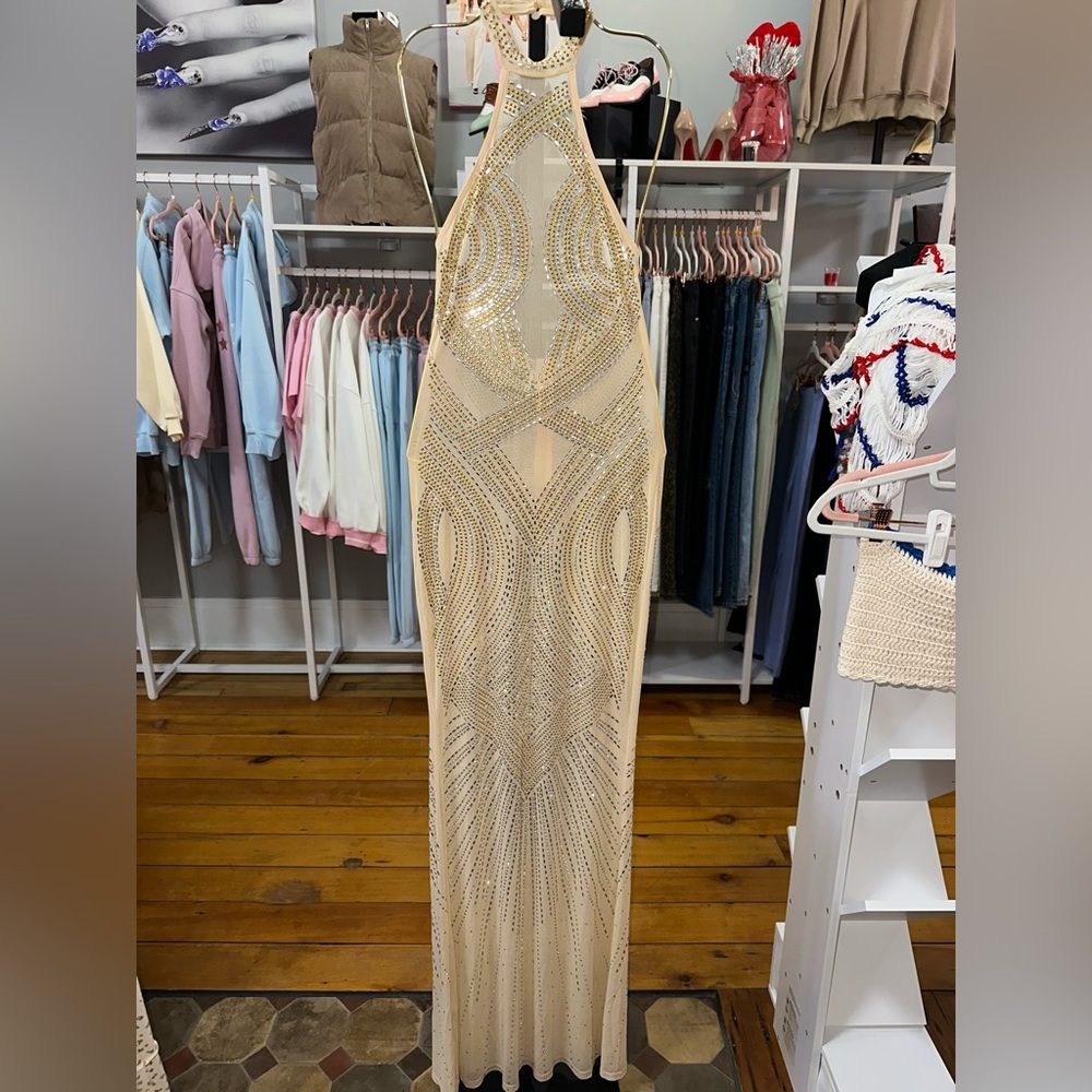 Gold Embellished Backless Halter Gown